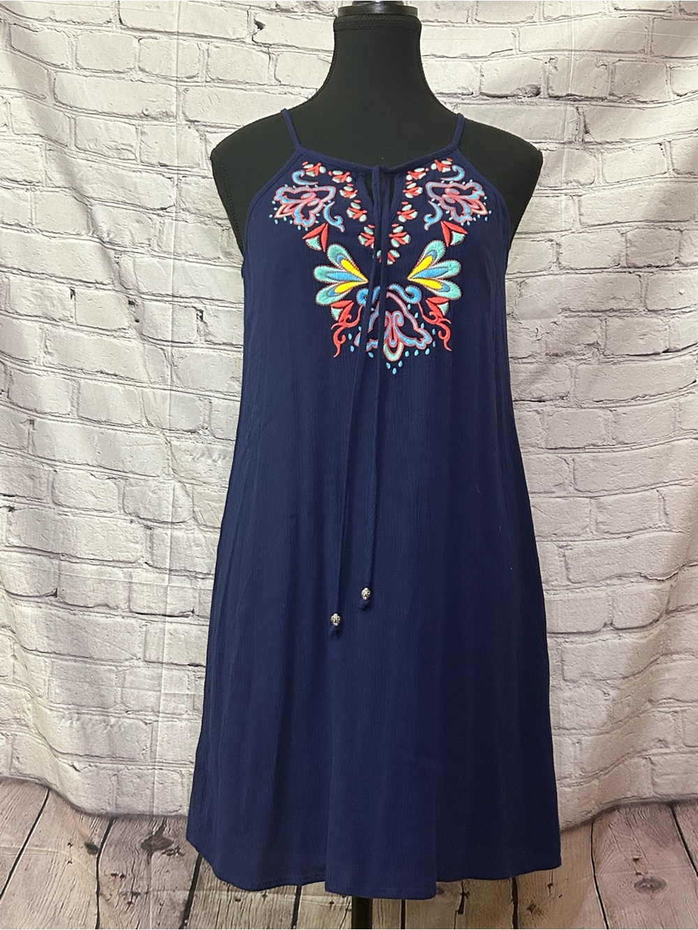 As U Wish Navy Embroidered Halter Mini Dress